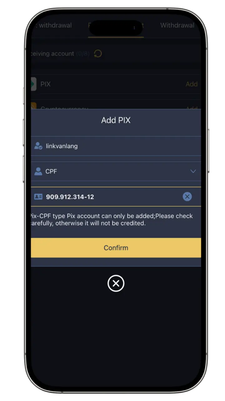 PGVIP Add Bank account